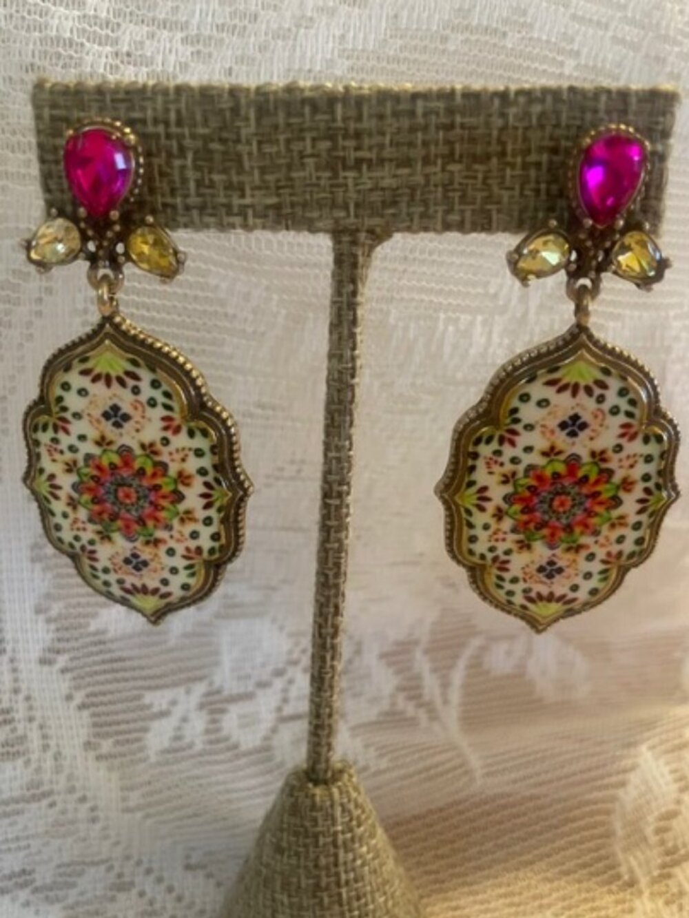 Ornate Floral Medallion Drop Earrings Pink Crystal